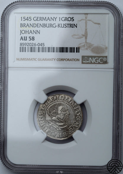 Niemcy, Śląsk, Jan I Kostrzyński, Grosz, 1545 r. NGC AU58 TOP POP!