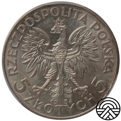 Polska, 5 Złotych, 1934 r. Polonia PCGS AU 58