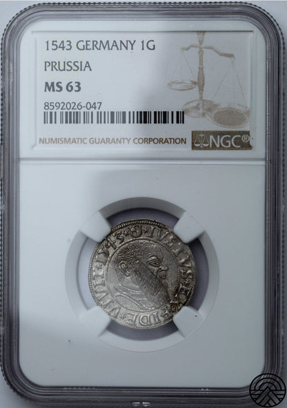 Niemcy, Prusy, Albert Hohenzollern, Grosz, 1543 r. NGC MS63 TOP POP!
