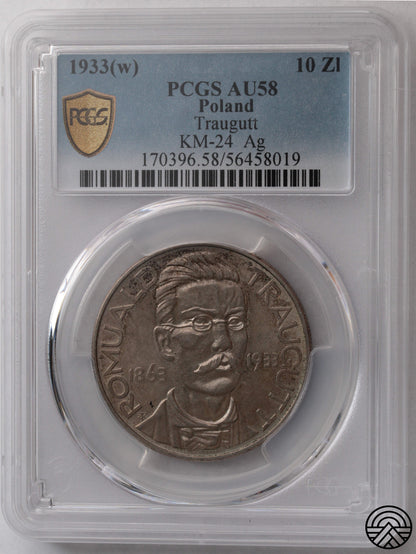 Polska, 10 Złotych, 1933 r. Romuald Traugutt PCGS AU 58