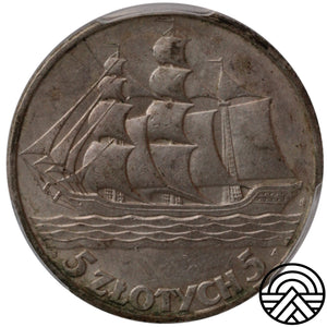Polska, 5 Złotych, 1936 r. Żaglowiec PCGS AU 58