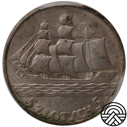 Polska, 5 Złotych, 1936 r. Żaglowiec PCGS AU 58