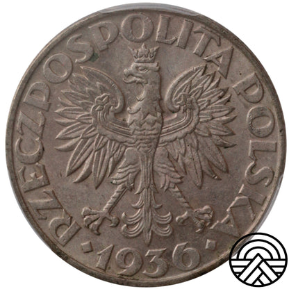 Polska, 5 Złotych, 1936 r. Żaglowiec PCGS AU 58
