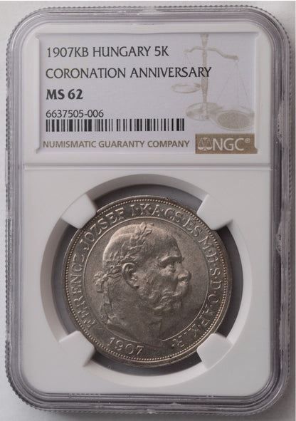 Węgry, 5 Koron, 1907 r. Koronacja NGC MS 62