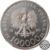 Polska, 100 000 Złotych, 1990 r. Solidarność NGC MS 63