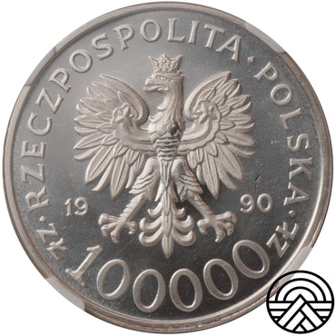 Polska, 100 000 Złotych, 1990 r. Solidarność NGC MS 63