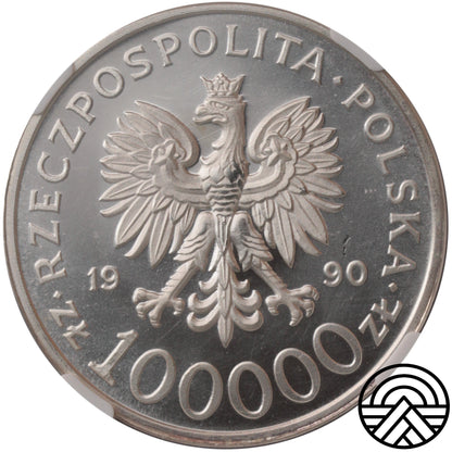 Polska, 100 000 Złotych, 1990 r. Solidarność NGC MS 63