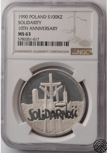 Polska, 100 000 Złotych, 1990 r. Solidarność NGC MS 63