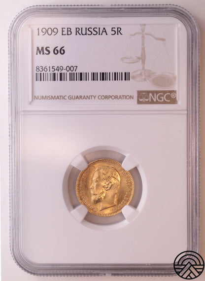 Rosja, Mikołaj II, 5 Rubli 1909 r. MS 66
