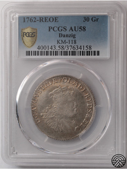 Polska, August III Sas, 30 Groszy, 1762 r. Gdańsk PCGS AU 58