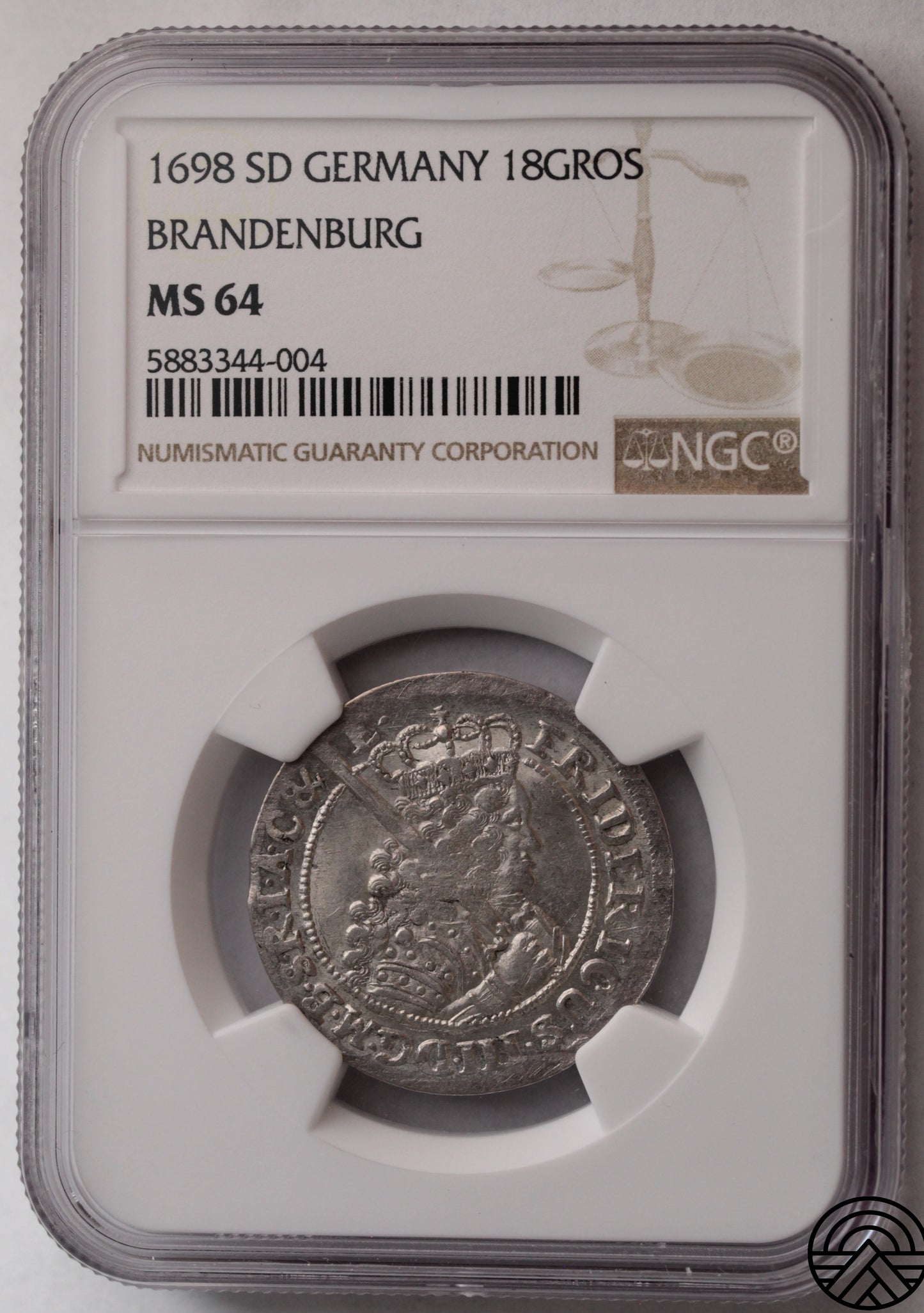 Niemcy, 18 Groszy, Brandenburgia 1698 r. NGC MS 64