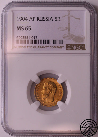 Rosja, Mikołaj II, 5 Rubli 1904 r. NGC MS 65