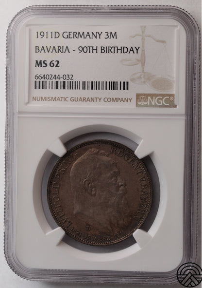 Niemcy, Bawaria, 3 Marki, 1911 r. NGC MS 62
