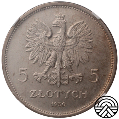 Polska, 5 Złotych, 1930 r. Sztandar NGC MS 62