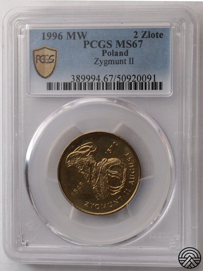 Polska, 2 Złote, 1996 r. Zygmunt II August PCGS MS 67